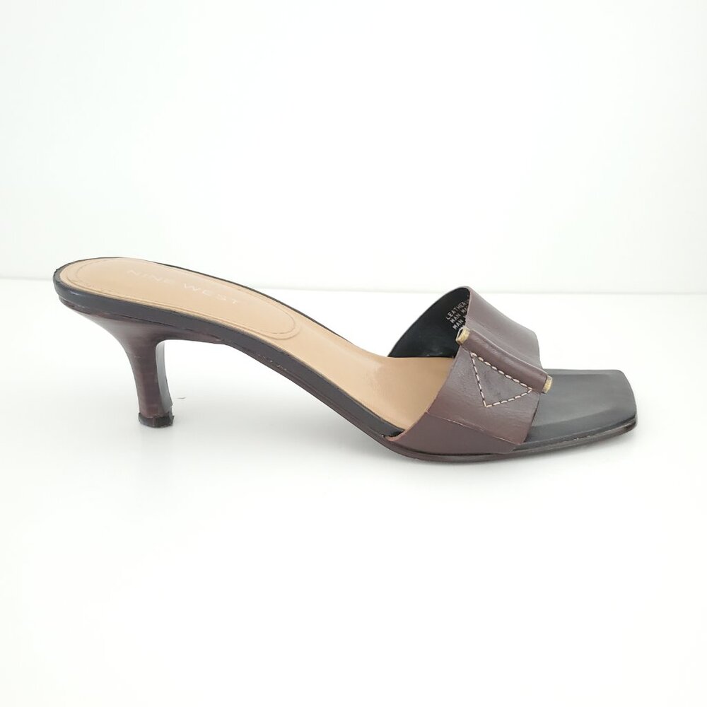 NINE WEST Brown Leather Heeled Slide Sandals Square Toe Bronze Buckle Accent 8M - Picture 3 of 9